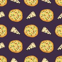 handgezeichnete Skizze des nahtlosen Musters der Pizza. ganze Pizza und Scheibe kritzelt Lebensmittelhintergrund. Vektorillustration vektor