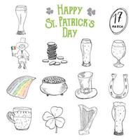 st patricks dag hand dras doodle set, med leprechaun, kruka med guldmynt, regnbåge, öl, fyrklöver, hästsko, keltisk harpa och Irlands flagga vektorillustration vektor