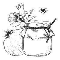glücklich rosh hashanah Gruß Karte Vorlage mit Honig Krug, Granatapfel Frucht, Blumen und Biene Vektor Linie Illustration zum jüdisch Neu Jahr und yom Kippur