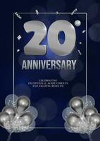 Jahrestag Feier Flyer Silber Zahlen dunkel Hintergrund Design mit realistisch Luftballons 20 vektor