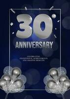 Jahrestag Feier Flyer Silber Zahlen dunkel Hintergrund Design mit realistisch Luftballons 30 vektor