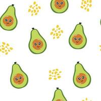 avokado karaktär sömlös mönster. avokado med smiley ansikte. kreativ textur för tyg, förpackning, textilier, tapet, Kläder. vektor illustration för ungar. söt frukt bakgrund