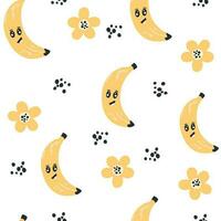 banan karaktär sömlös mönster. banan med smiley ansikte och blommor. kreativ textur för tyg, förpackning, textilier, tapet, Kläder. vektor illustration för ungar. söt frukt bakgrund