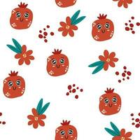 Granatapfel Charakter nahtlos Muster. Granatapfel mit Smiley Gesicht und Blumen. kreativ Textur zum Stoff, Verpackung, Textilien, Hintergrund, Kleidung. Vektor Illustration zum Kinder. süß Obst