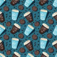 nahtlos Muster mit Kaffee Tassen im Blau und braun Farbe und klein schwarz Kaffee auf dunkel Blau Hintergrund zum Textil- oder Objekt druckt vektor