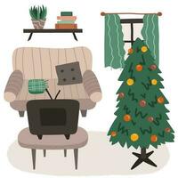 Weihnachten Leben Zimmer Innere im Boho Stil. Salon mit Sofa, retro Fernseher, Kaffee Tisch, Weihnachten Baum. Karikatur Hand gezeichnet Illustration. retro Zuhause Innerhalb mit Möbel. gemütlich inländisch Wohnung. vektor