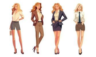 självsäker företag kvinna uppsättning. skönhet kvinnor i kontor kostymer. affärskvinna eller sekreterare. ung bemyndigad kvinnor i eleganta kostymer. platt vektor karaktär illustration.