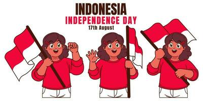 liten flickor bärande indonesiska flagga, fira indonesiska oberoende dag vektor