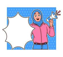 Werbung Poster Comic Mädchen mit Rede Blase, Hijab Frau schreiend mit Megaphon vektor