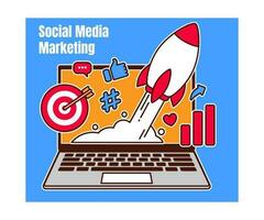 Sozial Medien Marketing mit Rakete erhöhen und Laptop vektor
