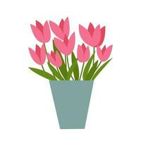 platt rosa tulpaner bukett i vas vektor illustration. rosa tulpaner i grå vas isolerat