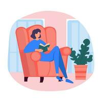 jung weiblich Charakter ist Sitzung im das Sessel entspannend und lesen ein Buch. Konzept von Menschen bleiben Zuhause im ein gemütlich und entspannt Atmosphäre. Vektor Illustration