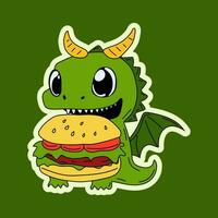 vektor stock illustration isolerat emoji karaktär tecknad serie grön drake dinosaurie äter en burger klistermärke uttryckssymbol för webbplats, info grafik, video, animering