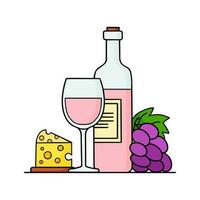 Flasche von Wein, Weinglas, Käse und Traube Bündel. Rose Wein mit Vorspeise. Wein Konzept. Gekritzel Stil Vektor Illustration