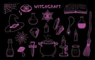 mystiker trolldom symboler uppsättning. magisk hand dragen element. häxa kittel, hatt, kvast, ljus och Övrig design element för halloween. skiss stil. vektor illustration