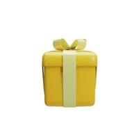 realistisch Gelb Geschenk Box mit Gold Band Bogen Vorderseite Aussicht isoliert auf ein Weiß Hintergrund. 3d machen modern Urlaub Überraschung Kasten. Ton, Plastik Vektor Symbol zum gegenwärtig, Geburtstag oder Jahrestag Banner
