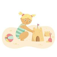 liten flicka byggnad korthus Sammanträde på sommar hav Strand strand sand. Lycklig bebis tecknad serie karaktär spelar på sommar strand. Semester fritid. platt vektor illustration