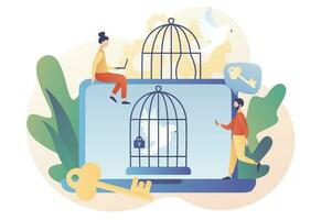 frihet begrepp. fågel flyga ut av bur som steg ut av inre fängelse liknelse. sinne fängelse psykologisk. bekvämlighet zon. personlig utveckling. modern platt tecknad serie stil. vektor illustration