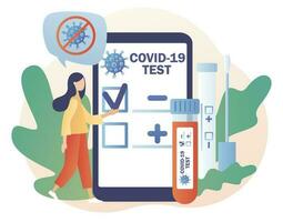 positiv eller negativ testning resultat i smartphone app. covid-19 testning. mycket liten läkare eller sjuksköterska håller på med coronavirus pcr testa. patient tar emot covid-19 snabb testa. modern platt tecknad serie stil. vektor