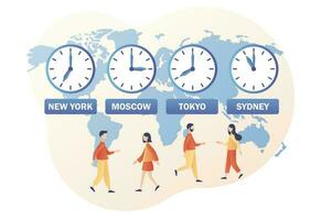 Zeit Zonen im Welt. Uhren zeigen lokal Zeitzone. International Zeit und Datum. winzig Menschen Geschäft weltweit. modern eben Karikatur Stil. Vektor Illustration auf Weiß Hintergrund