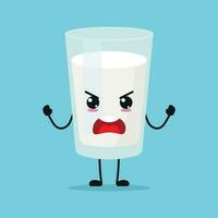 süß wütend Milch Glas Charakter. komisch wütend Milch Karikatur Emoticon im eben Stil. Molkerei Emoji Vektor Illustration