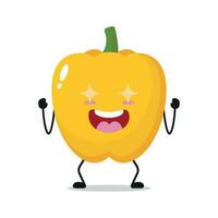 süß aufgeregt Gelb Paprika Charakter. komisch elektrisierend Paprika Karikatur Emoticon im eben Stil. Gemüse Emoji Vektor Illustration