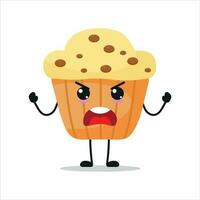 söt arg muffin karaktär. rolig rasande muffin tecknad serie uttryckssymbol i platt stil. bageri emoji vektor illustration