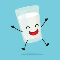 süß springen Milch Glas Charakter. komisch fliegend Feier Milch Karikatur Emoticon im eben Stil. Molkerei Emoji Vektor Illustration