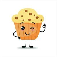 söt Lycklig muffin karaktär. rolig leende och blinka muffin tecknad serie uttryckssymbol i platt stil. bageri emoji vektor illustration