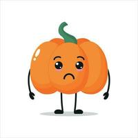 süß traurig Kürbis Charakter. komisch unzufrieden Kürbis Karikatur Emoticon im eben Stil. Gemüse Emoji Vektor Illustration