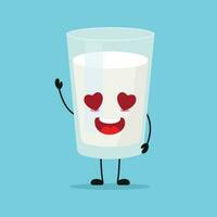 süß glücklich Milch Glas Charakter. komisch fallen im Liebe Milch Karikatur Emoticon im eben Stil. Molkerei Emoji Vektor Illustration