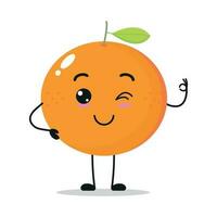 söt Lycklig orange karaktär. rolig leende och blinka orange tecknad serie uttryckssymbol i platt stil. frukt emoji vektor illustration