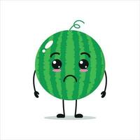 süß traurig Wassermelone Charakter. komisch unzufrieden Wassermelone Karikatur Emoticon im eben Stil. Obst Emoji Vektor Illustration