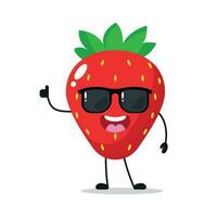 süß glücklich Erdbeere Charakter tragen Sonnenbrille. komisch Erdbeere grüßen Freund Karikatur Emoticon im eben Stil. Obst Emoji Vektor Illustration