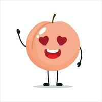 süß glücklich Pfirsich Charakter. komisch fallen im Liebe Pfirsich Karikatur Emoticon im eben Stil. Obst Emoji Vektor Illustration