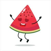 süß glücklich Scheibe Wassermelone Charakter. komisch fallen im Liebe Scheibe Wassermelone Karikatur Emoticon im eben Stil. Obst Emoji Vektor Illustration