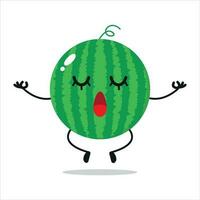 süß entspannen Wassermelone Charakter. komisch Yoga Wassermelone Karikatur Emoticon im eben Stil. Obst Emoji Meditation Vektor Illustration