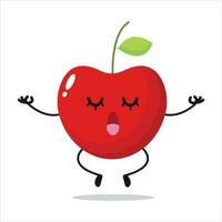 söt koppla av körsbär karaktär. rolig yoga körsbär tecknad serie uttryckssymbol i platt stil. frukt emoji meditation vektor illustration