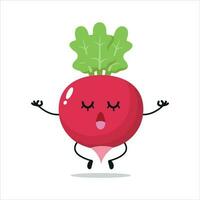 süß entspannen Rettich Charakter. komisch Yoga Rettich Karikatur Emoticon im eben Stil. Gemüse Emoji Meditation Vektor Illustration