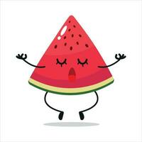 süß entspannen Scheibe Wassermelone Charakter. komisch Yoga Scheibe Wassermelone Karikatur Emoticon im eben Stil. Obst Emoji Meditation Vektor Illustration