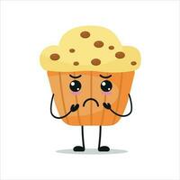 süß düster Muffin Charakter. komisch traurig Cupcake Karikatur Emoticon im eben Stil. Bäckerei Emoji Vektor Illustration