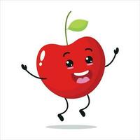 söt Lycklig körsbär karaktär. rolig hoppa körsbär tecknad serie med öppen mun uttryckssymbol i platt stil. frukt emoji vektor illustration