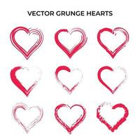 Grunge Herz Formen einstellen rot Farbe Vektor. Bürste Schlaganfall Stil vektor