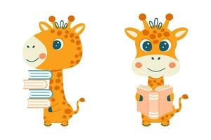 süß Giraffe mit Bücher. Karikatur Tier ist Lektüre. Vektor Kinder- Illustration symbolisiert Lernen