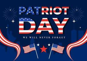 glücklich USA Patriot Tag Vektor Illustration mit vereinigt Zustände Flagge, 911 Denkmal und wir werden noch nie vergessen Hintergrund Design Hand gezeichnet Vorlagen