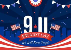 Lycklig USA patriot dag vektor illustration med förenad stater flagga, 911 minnesmärke och vi kommer aldrig glömma bakgrund design hand dragen mallar