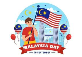 glücklich Malaysia Tag Feier Vektor Illustration auf 16 September mit winken Flagge und Zwilling Türme im eben Karikatur Hand gezeichnet Vorlagen