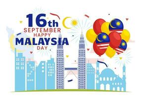 glücklich Malaysia Tag Feier Vektor Illustration auf 16 September mit winken Flagge und Zwilling Türme im eben Karikatur Hand gezeichnet Vorlagen