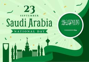 Lycklig saudi arabien nationell dag vektor illustration på september 23 med vinka flagga bakgrund i platt tecknad serie hand dragen landning sida mallar