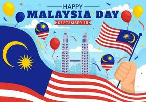 Lycklig malaysia dag firande vektor illustration på 16 september med vinka flagga och tvilling torn i platt tecknad serie hand dragen mallar